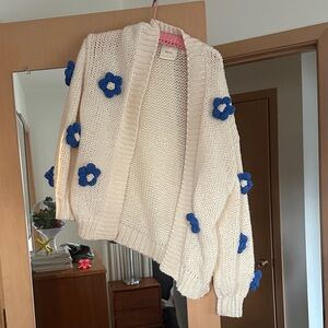 Maeve by Anthropologie Cream Cardigan with Blue Floral Details